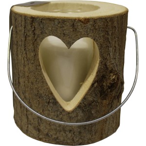 Rustikales Windlicht aus Holzstamm mit Glas und Herz-Ausschnitt, 18x16 cm.