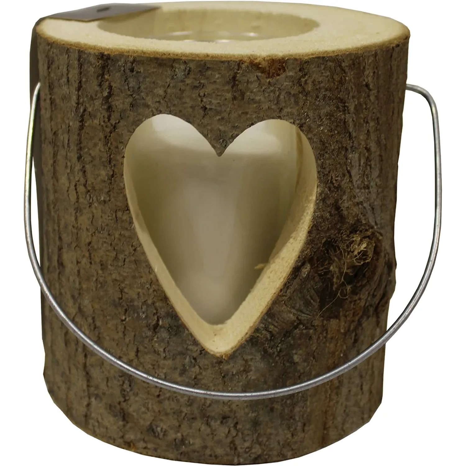 Rustikales Windlicht aus Holzstamm mit Glas und Herz-Ausschnitt, 18x16 cm.