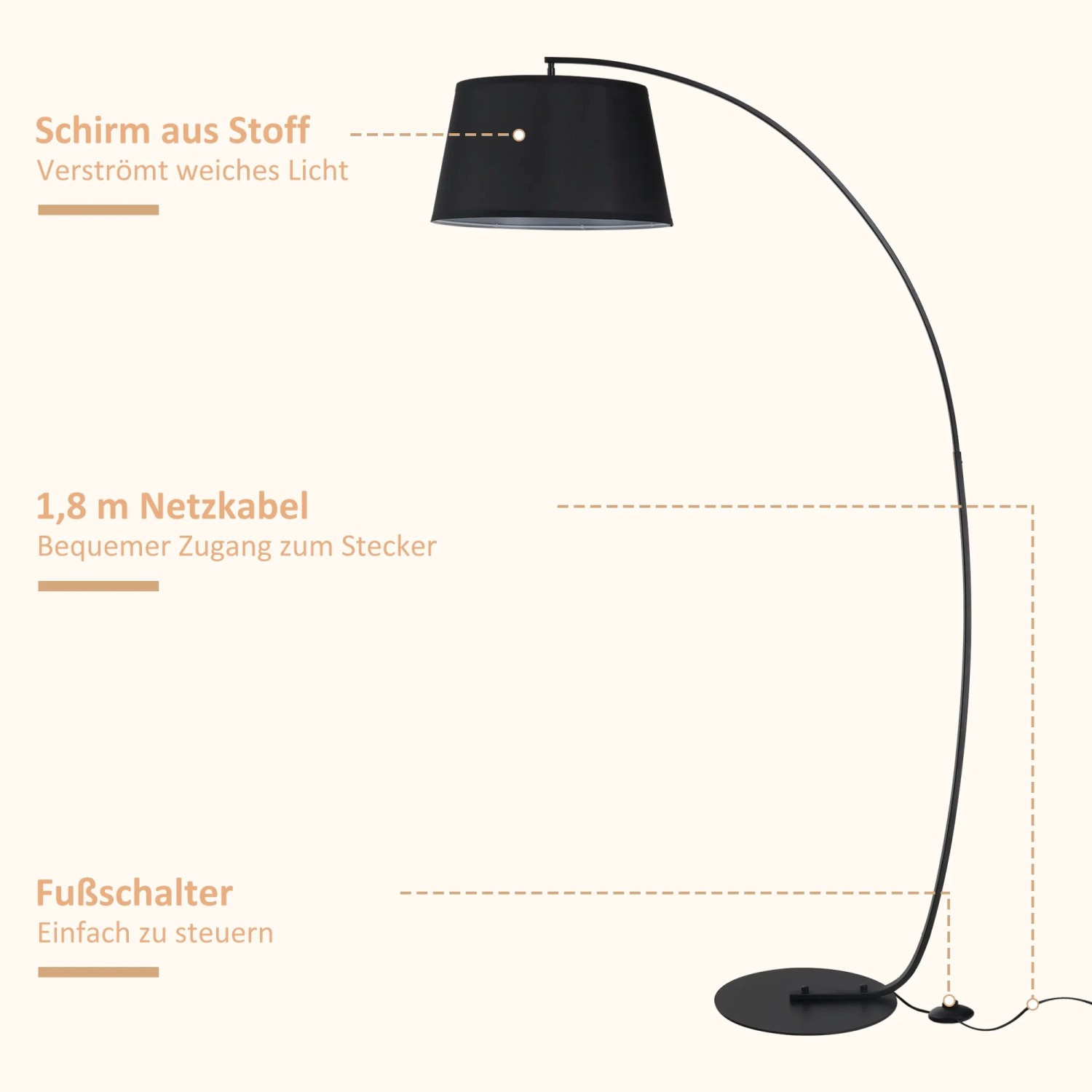 Schwarze HOMCOM Bogenlampe mit Stoffschirm, Metallfuß und Fußschalter. Elegante Stehlampe für Innenräume.