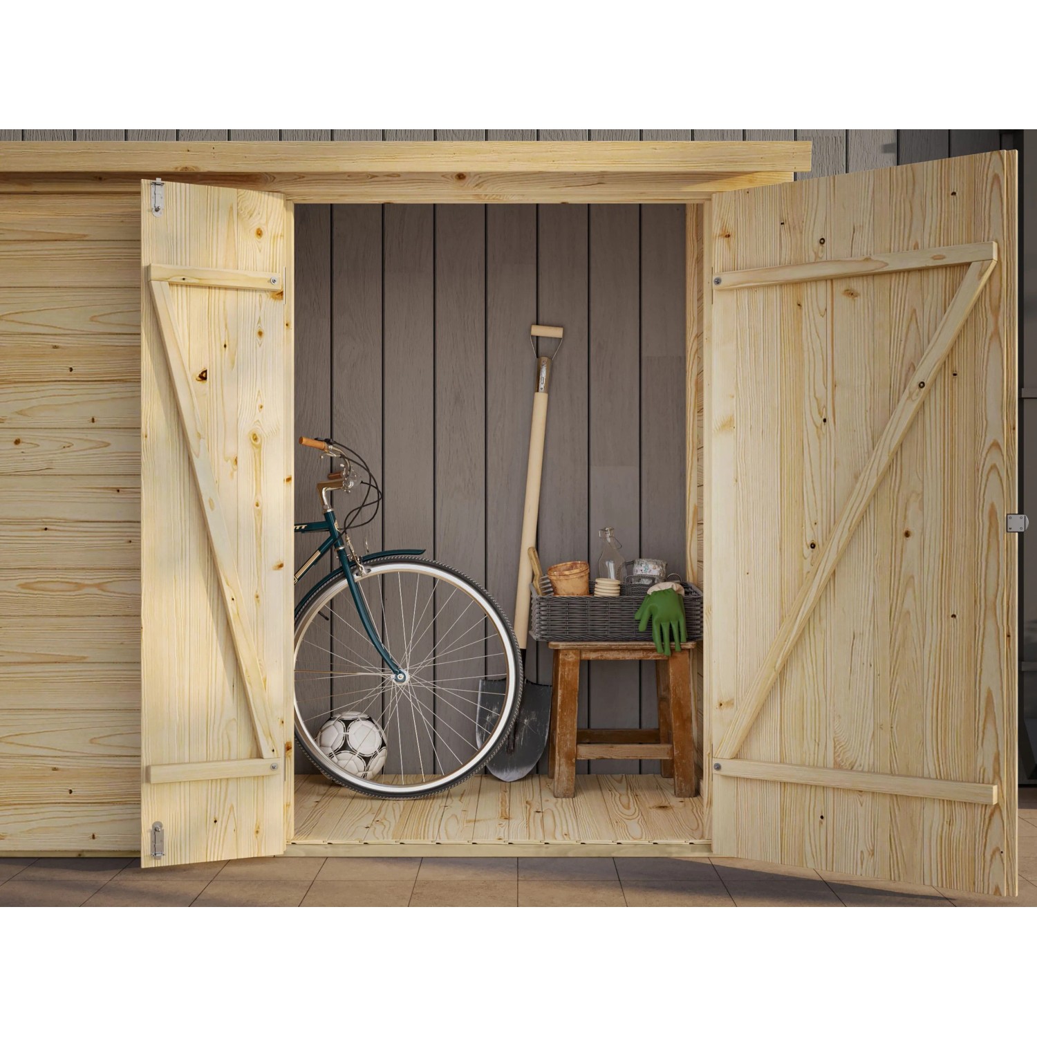 Palmako Gerätehaus Leif, hellgrau lackiert, mit geöffneten Türen und Gartengeräten im Inneren.