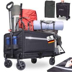 Beladener, klappbarer Albatros Bollerwagen mit Getränkehaltern und Flaschenöffner für Camping & Freizeit.