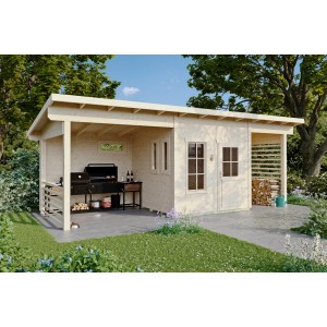 Unbehandeltes Skan Holz Gartenhaus Namur 690x250 cm mit Grillplatz und Holzlager.