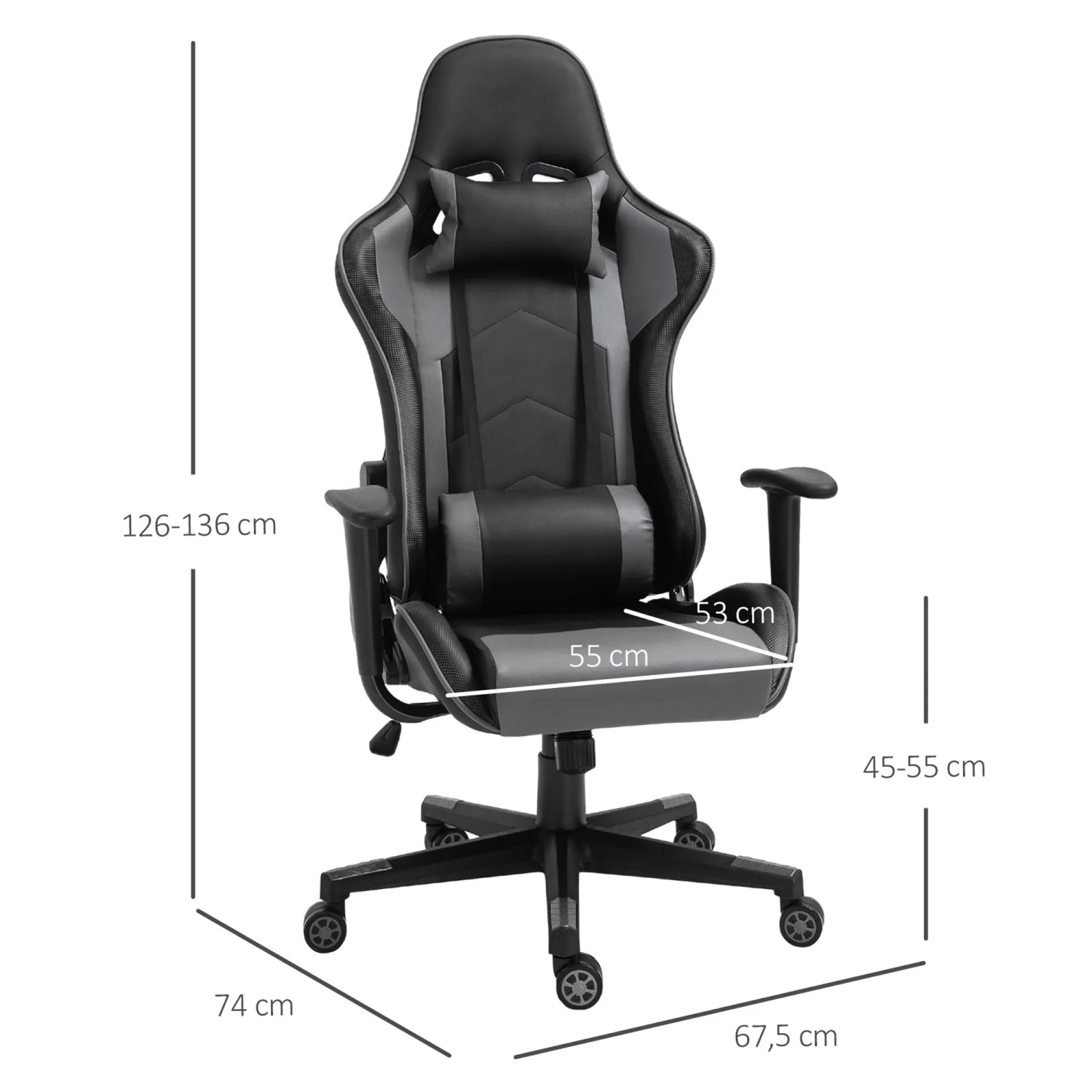 Vinsetto Bürostuhl in Schwarz/Grau mit Maßen und verstellbarer Höhe.