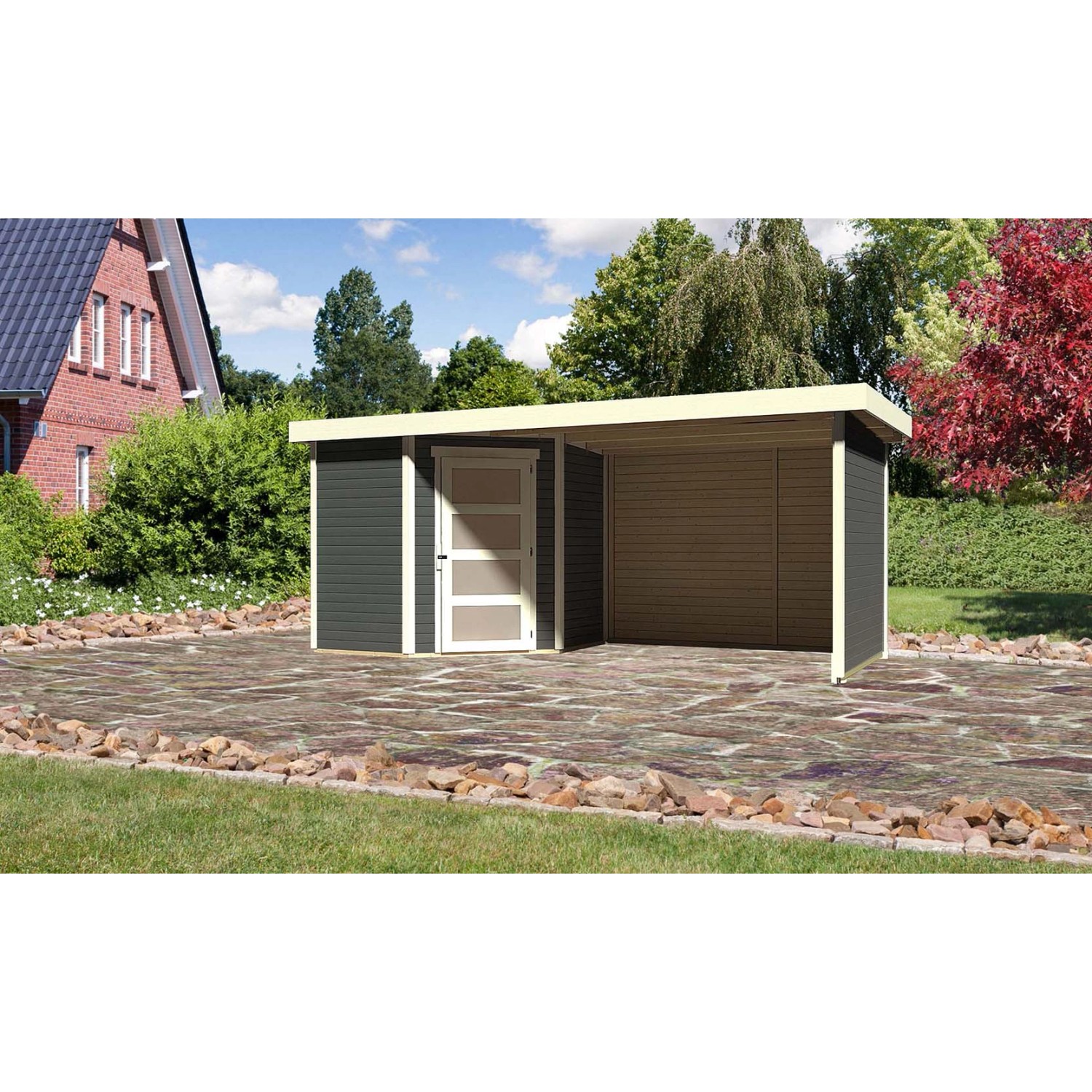 Karibu Holz-Gartenhaus Linköbing Terragrau Flachdach Lackiert 209 cm x 213 günstig online kaufen