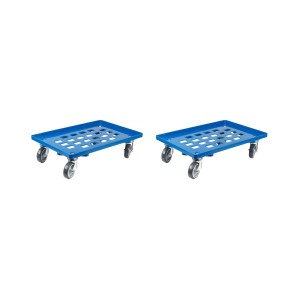 2 blaue PROREGAL Transportroller für Euroboxen (60x40cm) mit Gummirädern, Rasterdeck und 300kg Traglast.