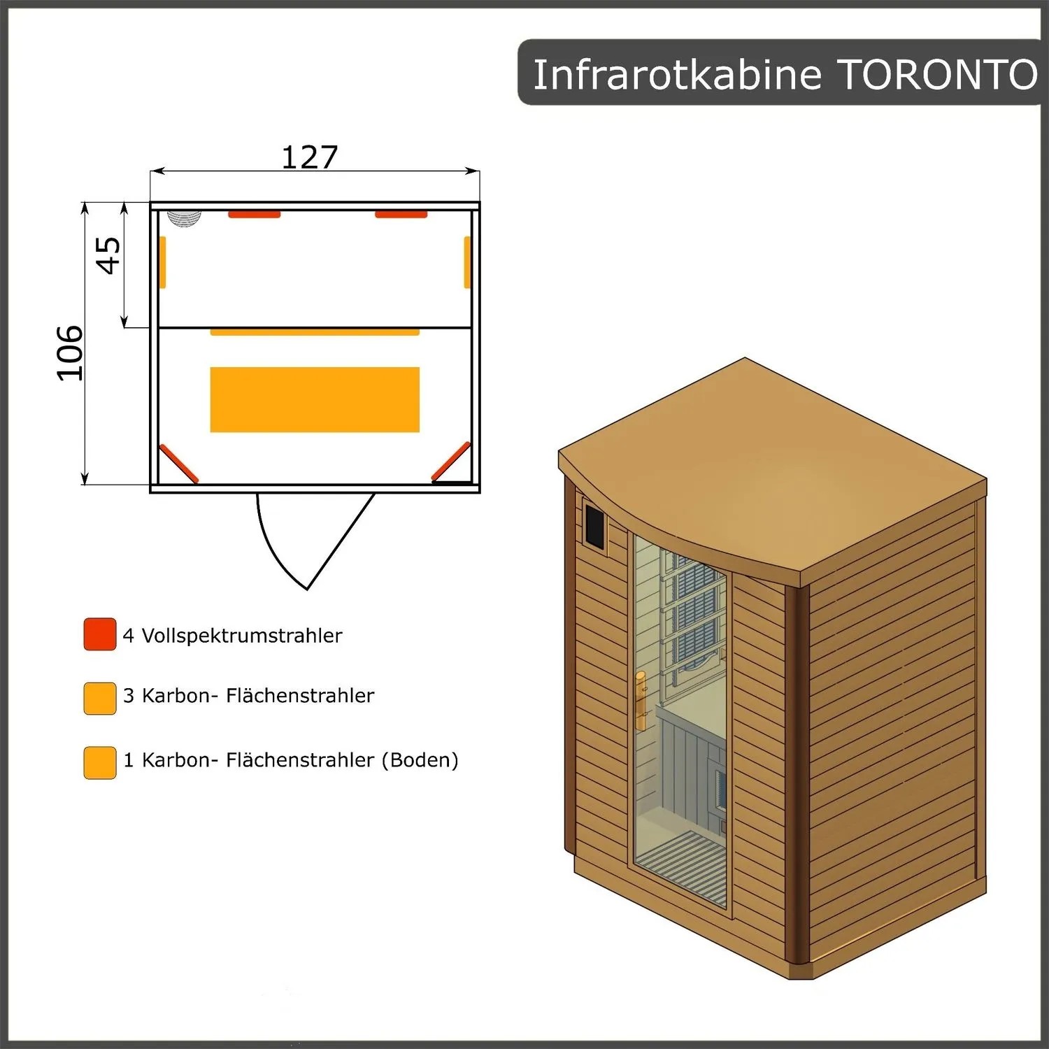 Dewello Infrarotkabine Toronto, 127x106cm, 2 Personen, Vollspektrum & Karbonstrahler, Hemlock Zeder, Schemazeichnung