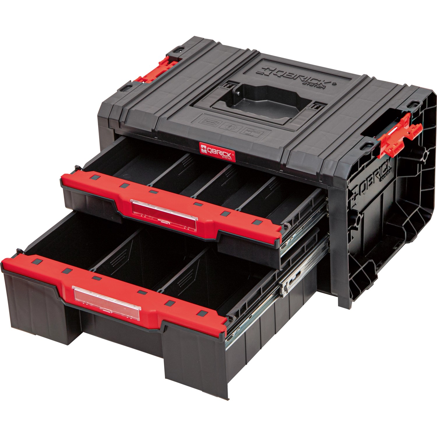 Qbrick PRO Drawer 2 Werkzeugkoffer mit zwei Schubladen und rotem Griff.