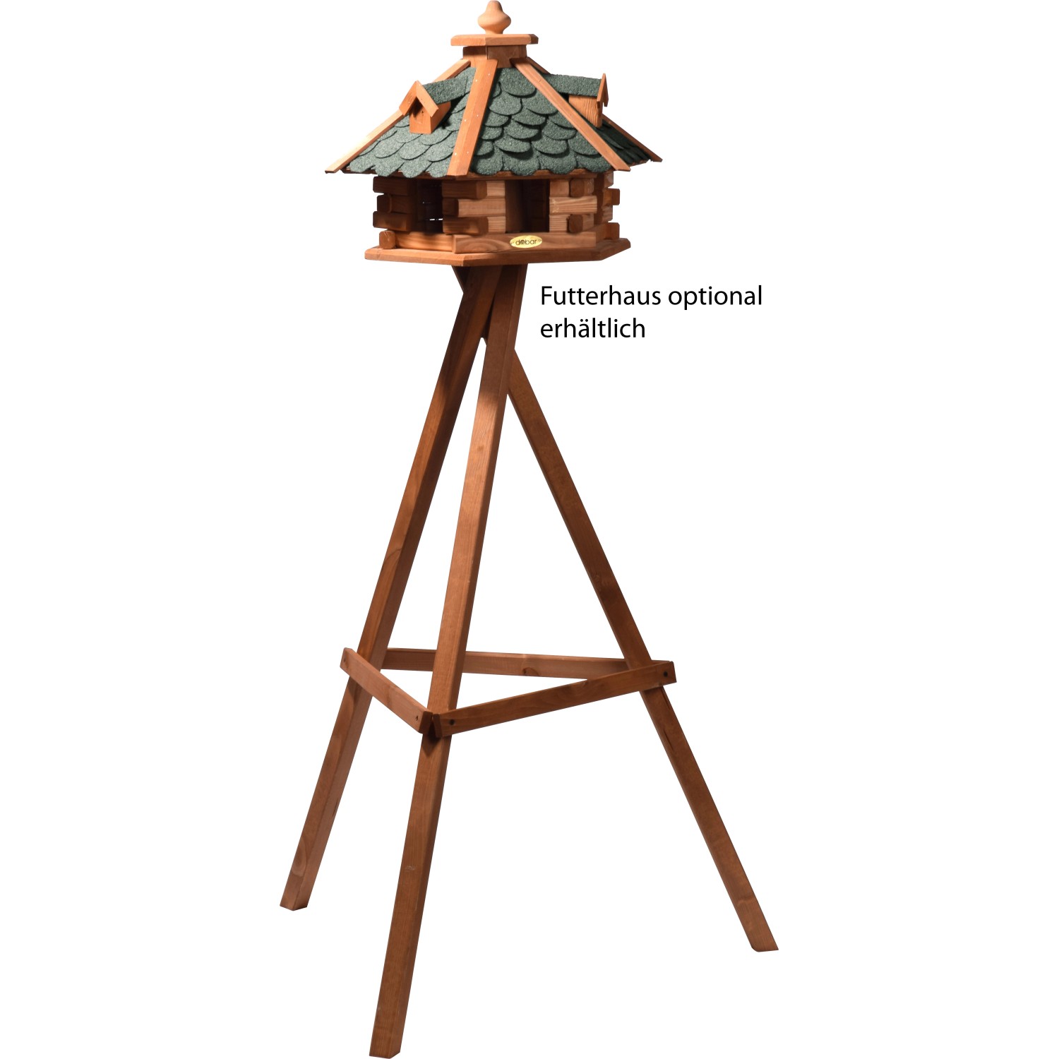 Rustikaler, brauner Vogelhaus-Ständer mit drei Beinen aus Holz. Vogelhaus ist optional.