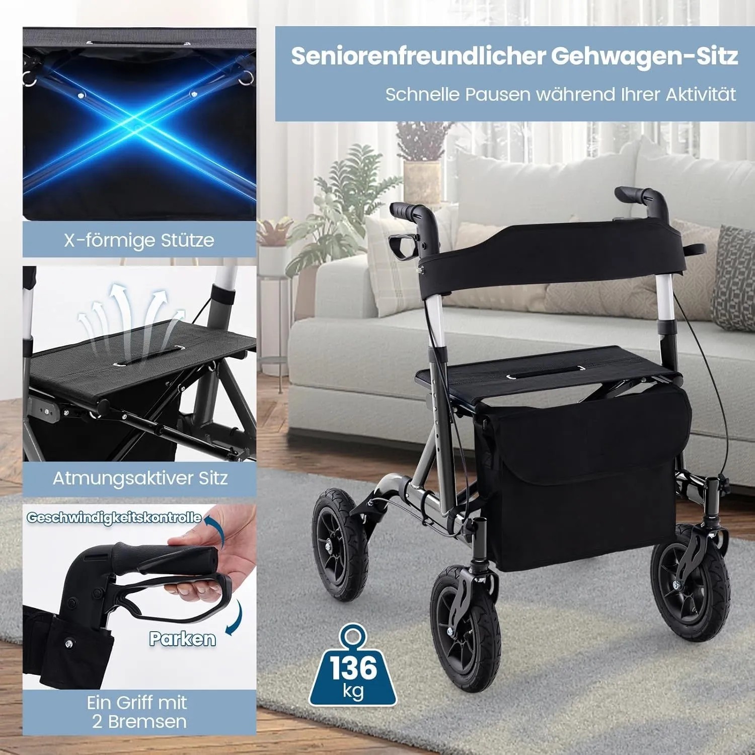 Costway Rollator mit Luftreifen, faltbar, mit Sitz, bis 136 kg, schwarz. Ideal für Senioren und Reha.