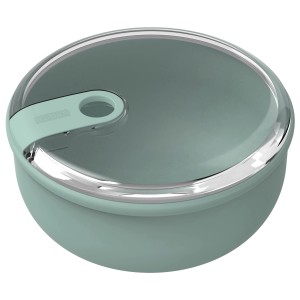 Runde, mintgrüne Rotho Frischhaltedose Ela 0,75 l mit transparentem Deckel.