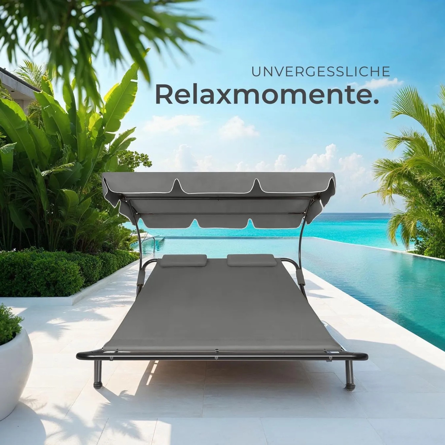 Graue Tectake Gartenliege für 2 Personen mit schwarzem Gestell und verstellbarem Sonnendach am Pool.