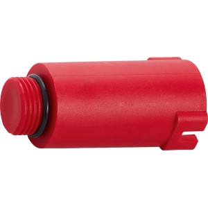 Roter Abpress-Zapfen aus Kunststoff mit G 1/2 Außengewinde zum Verschließen von Wasserleitungen.