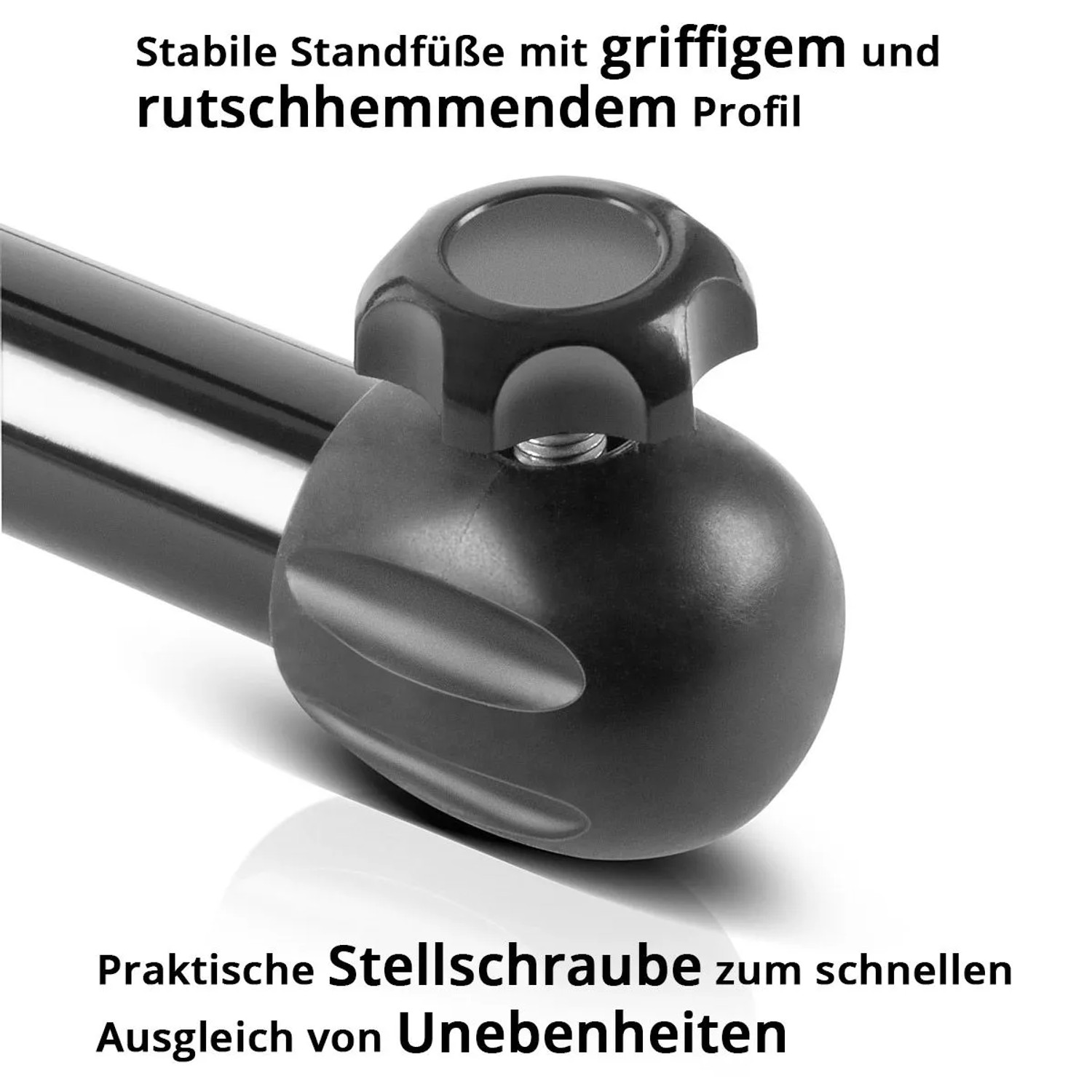 Detail des schwarzen Standfußes eines STAHLWERK Rollenbocks mit rutschhemmendem Profil und Stellschraube für Unebenheiten.