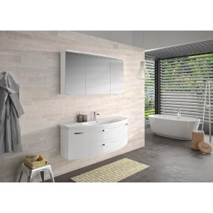 Pelipal Badmöbel-Set Serie 4010, 144 cm, Weiß Hochglanz, mit Waschbecken, Unterschrank und Spiegelschrank.