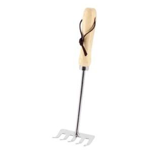Galaflor Kleinrechen aus rostfreiem Edelstahl mit 5 Zinken, hellem Holzgriff und Lederband. Gartenwerkzeug.