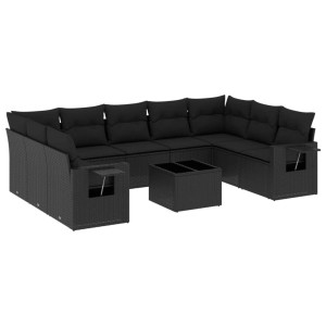 Schwarze 10-tlg. vidaXL Garten-Sofagarnitur aus Polyrattan mit Kissen und Tisch.