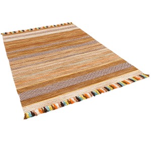 Beiger Pergamon Natur Teppich Kelim Kalleen, 140x200cm, mit Streifen und Fransen.