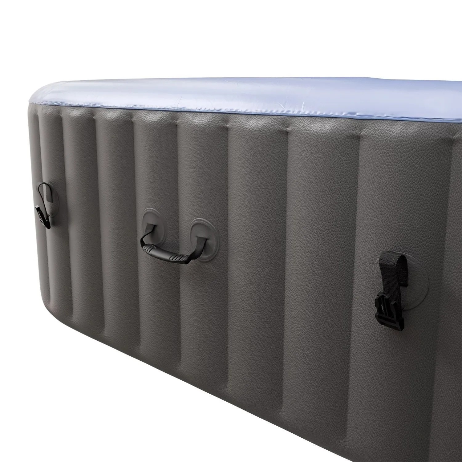 Juskys SpaLuxe aufblasbarer Whirlpool, grau mit blauer Oberkante, seitlichen Griffen und Befestigungsclips.