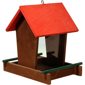 Braun-rotes Dobar Vogelhaus mit Acrylglas-Silo, 16x21x20 cm. Vogelfutterspender aus Holz.