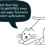 Illustration: Katze mit Sprechblase, die Primox Klumpstreu trocken lagern empfiehlt.