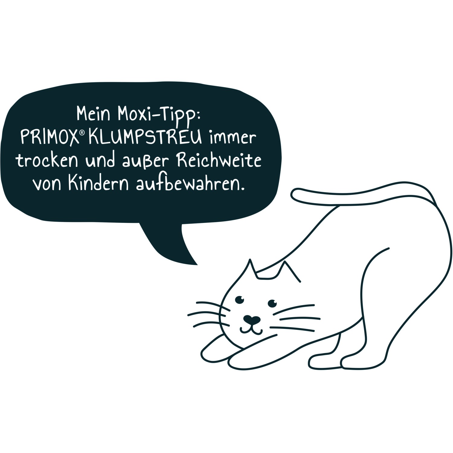 Illustration: Katze mit Sprechblase, die Primox Klumpstreu trocken lagern empfiehlt.