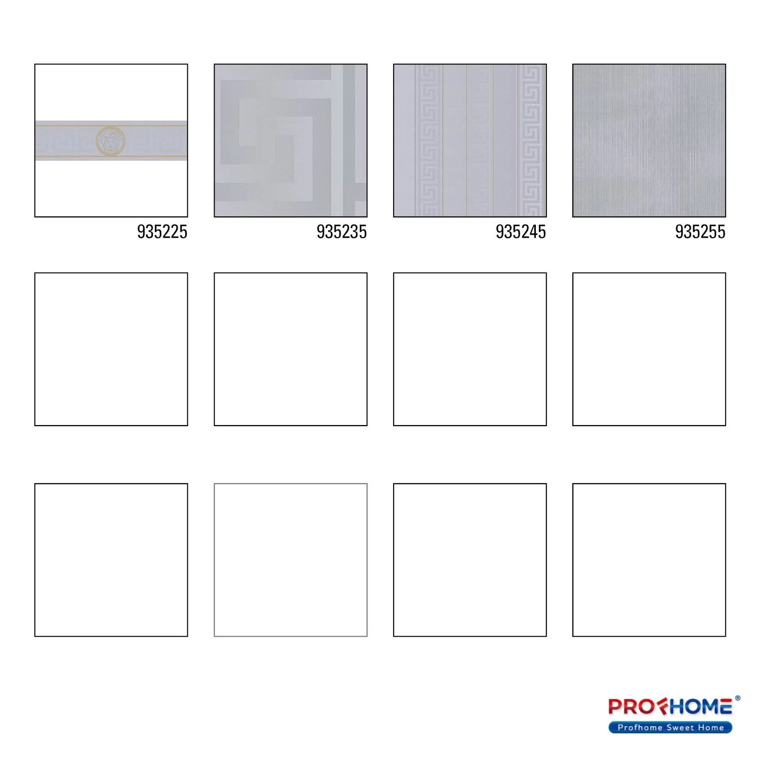 Muster verschiedener Bordüren der Profhome Kollektion, u.a. goldene Ornament Tapete.