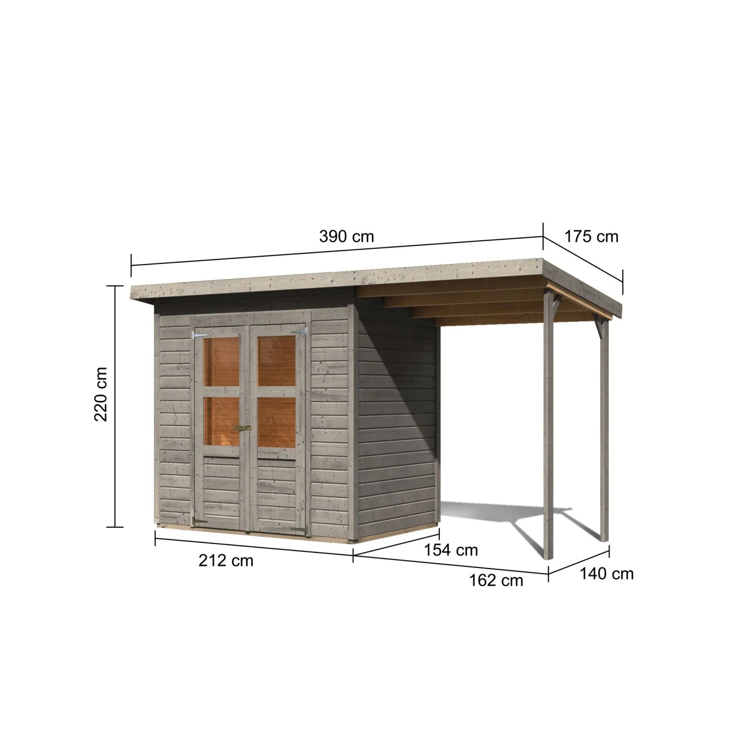 Karibu Gartenhaus Vellinge mit Anbaudach, vorvergraut, Maße: 219 x 208 x 150 cm.