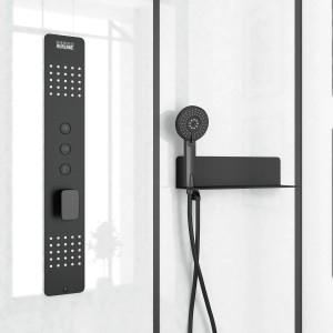 Aurlane Komplettdusche Urban 2: Schwarze Duscharmatur mit Handbrause und Ablage in Duschkabine.