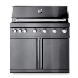 Freistehender MyOutdoorKitchen Gasgrill mit 6 Brennern und Heckbrenner in Schwarz.