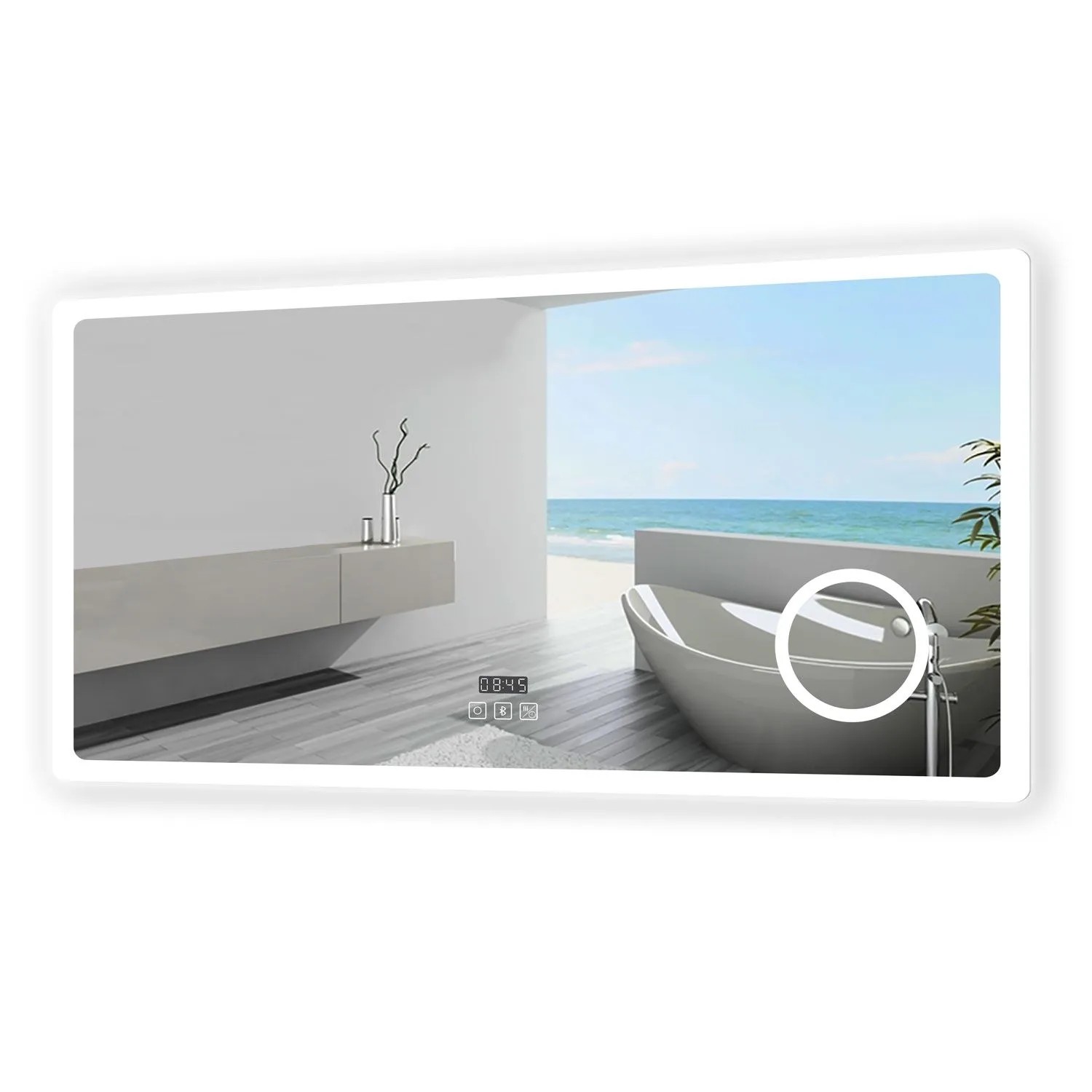 Aica Sanitär Badspiegel mit Bluetooth Uhr 80x60 cm Spiegel mit Schminkspiegel Neutral-Warm-Kaltweiß Dimmbar Memory Touch Wandschalter Beschlagfrei