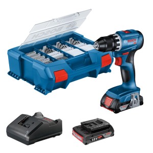 Bosch Professional Akku-Bohrschrauber GSR 18V-45 Set mit Akkus, Ladegerät und 82-teiligem Zubehör in blauem L-Case.