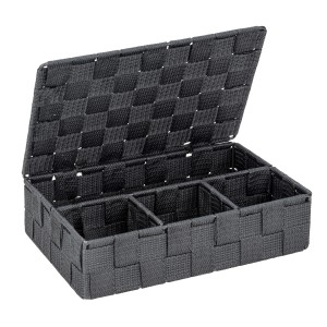 Dunkelgrauer Wenko Aufbewahrungskorb Adria mit Deckel und 4 Fächern aus Polypropylen.