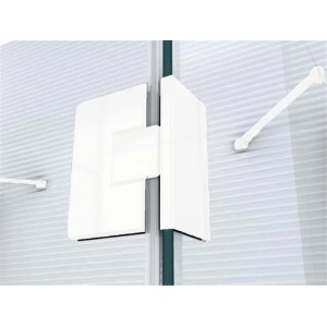 Detailaufnahme: Weiße U-Duschkabine Ares von Glaszentrum Hagen, Scharnier und Stabilisator.