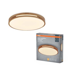 Osram LED-Deckenleuchte Orbis Woodburry mit Holzring, weißem Lichtfeld und Click-Dim. Modern, Ø 30 cm.