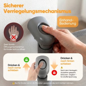 Hand bedient grauen Verriegelungsmechanismus des Sekey Schutzgitters. Kindersichere Einhandbedienung für Treppen-Absperrgitter.