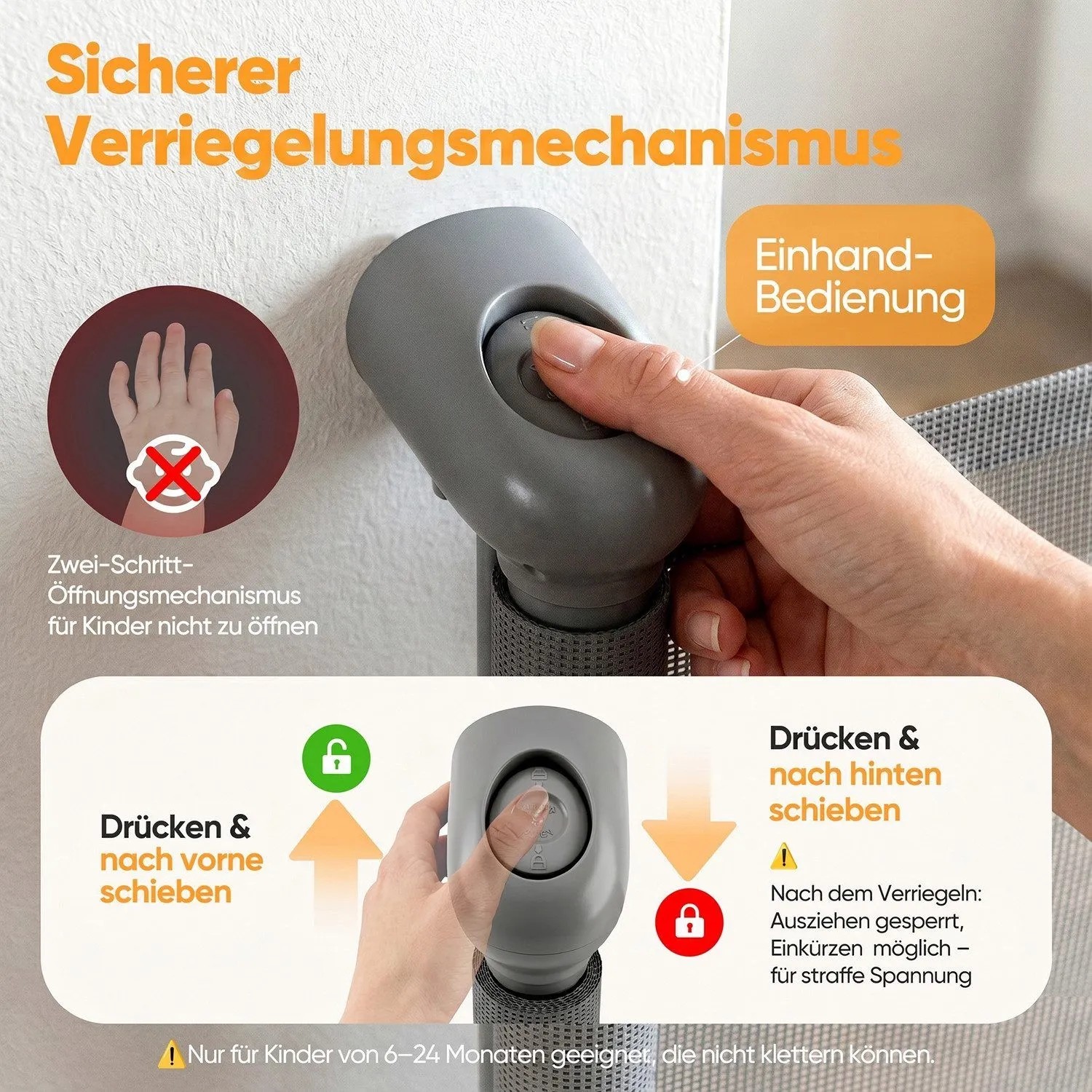 Hand bedient grauen Verriegelungsmechanismus des Sekey Schutzgitters. Kindersichere Einhandbedienung für Treppen-Absperrgitter.