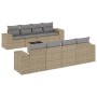 Beige 9-teilige Garten Sofagarnitur aus Poly Rattan mit hellgrauen Kissen und Tisch mit Glasplatte.