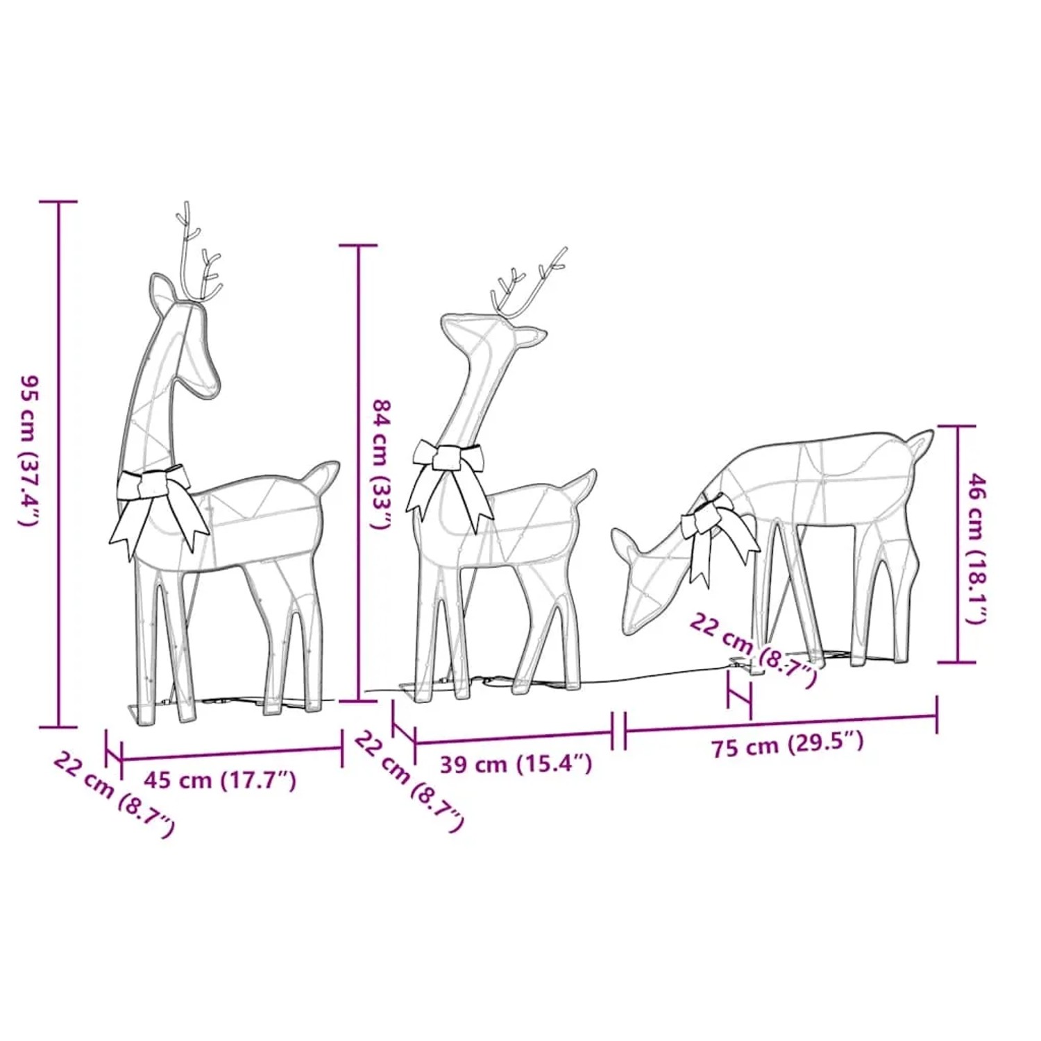 Maßzeichnung von 3 vidaXL LED-Rentieren als Weihnachtsdekoration: zwei stehend (95, 84 cm), eines fressend (46 cm).