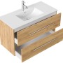Posseik Badmöbel Homeline 100 in Eiche Gold mit Waschbecken und zwei offenen Schubladen.