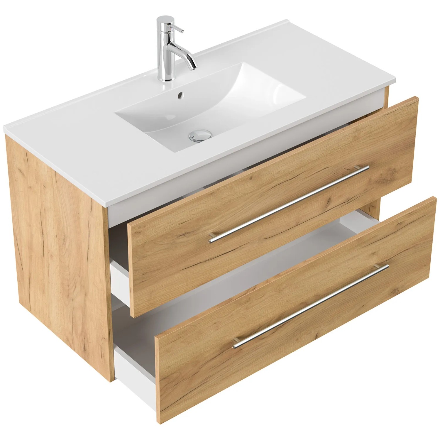Posseik Badmöbel Homeline 100 in Eiche Gold mit Waschbecken und zwei offenen Schubladen.