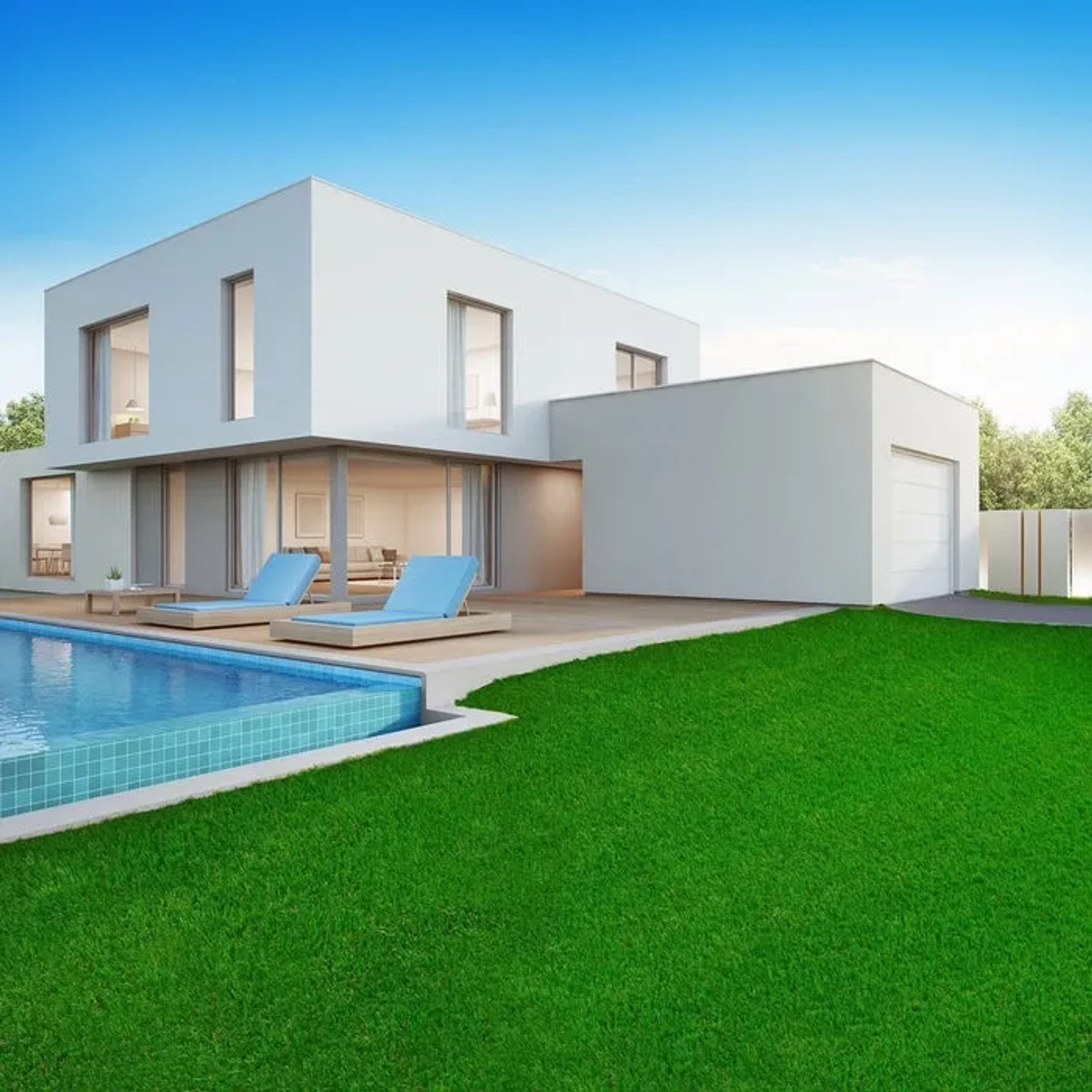 Satter, grüner Karat Kunstrasen Vita mit 40 mm Höhe vor modernem Haus mit Pool.