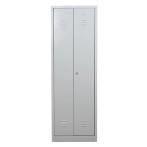 Grauer Metallspind Flamingo, 180x60x50 cm, mit zwei Türen und Lüftungsschlitzen.