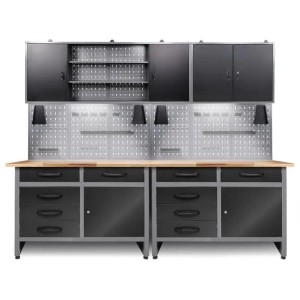 Werkstatt Set Holger 240 cm: Werkbank mit Schubladen, Schränken, Lochwänden und LED-Beleuchtung.