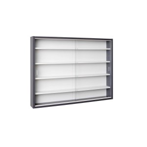 Grau-weiße Collecty Vitrine mit 2 Glasschiebetüren und 4 Regalböden.