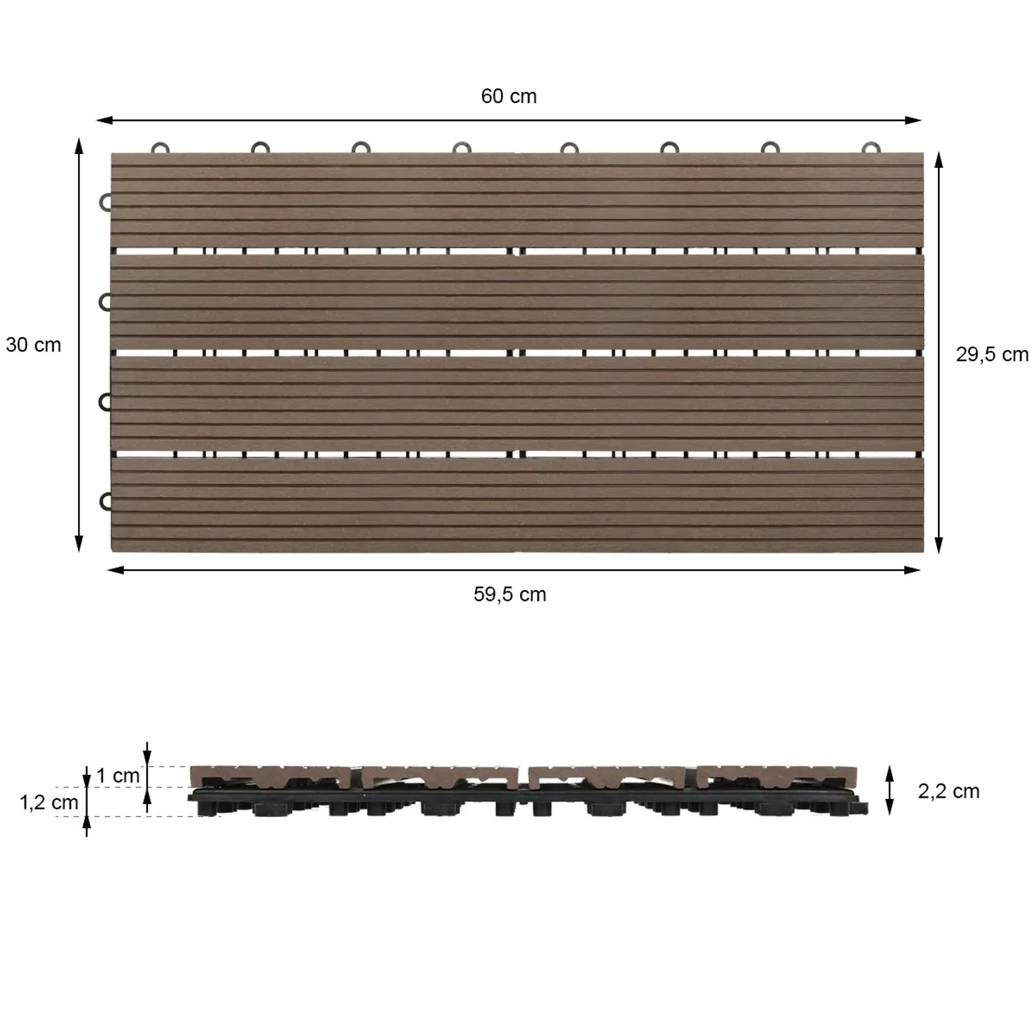 ECD Germany WPC Terrassenfliesen 60x30cm, 12er Set, dunkelbraune Holzoptik mit Maßangaben.