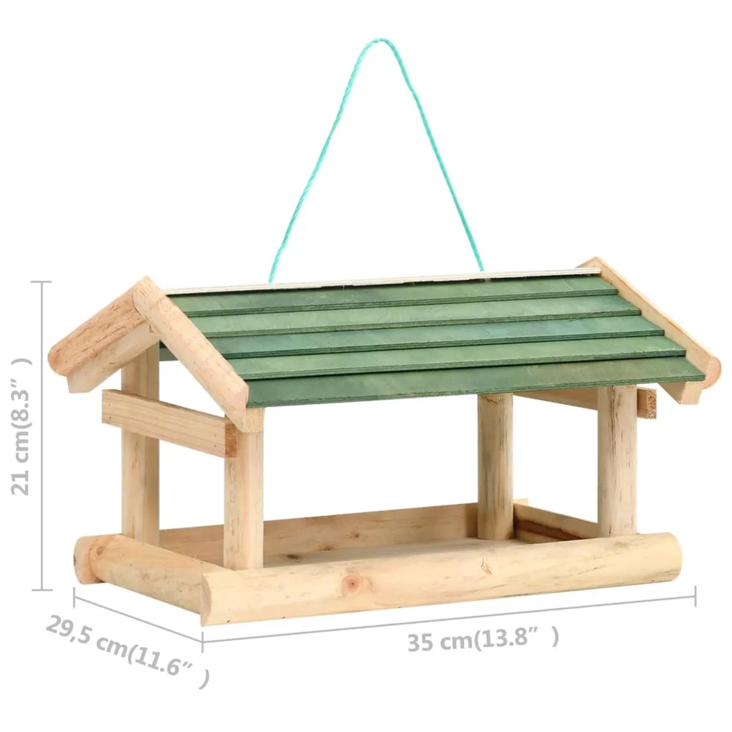 VidaXL Vogelfutterhaus aus Holz zum Aufhängen, 35x29,5x21 cm, mit grünem Dach.