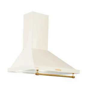 Cremefarbene Klarstein Montblanc 60 Wandabzugshaube mit goldener Reling und Bedienknöpfen. Elegante Dunstabzugshaube.