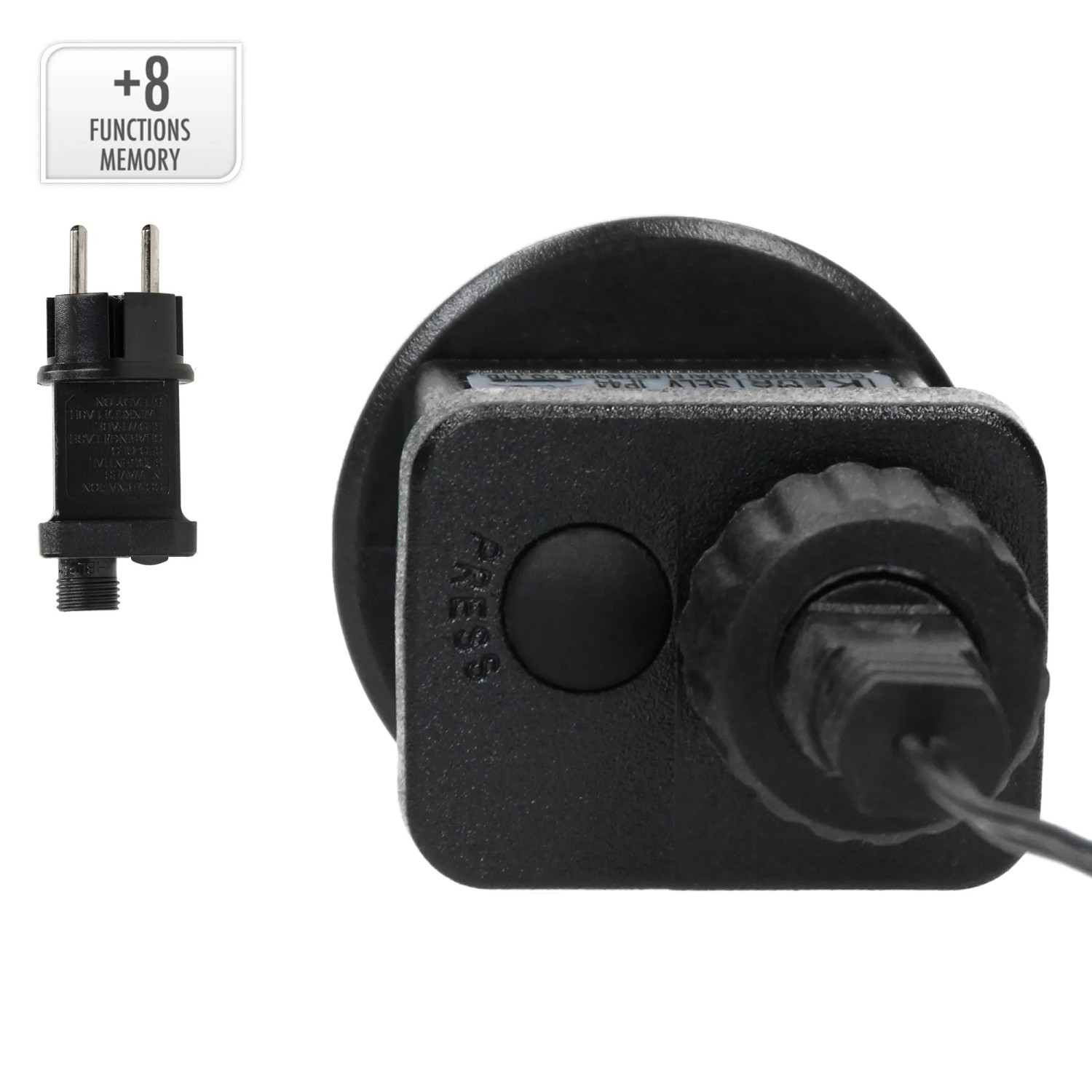 Detailaufnahme: Schwarzer Stecker und Bedienelement für ECD Germany Lichterkranz mit 8 Leuchtprogrammen.