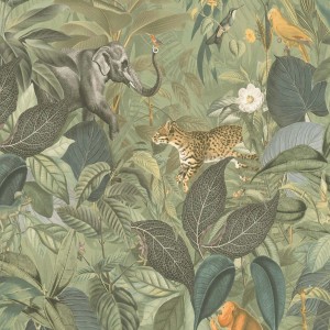 Olivgrüne Dschungel Tapete mit Tieren: Leopard, Affen, Elefanten und Vögel im Regenwald.