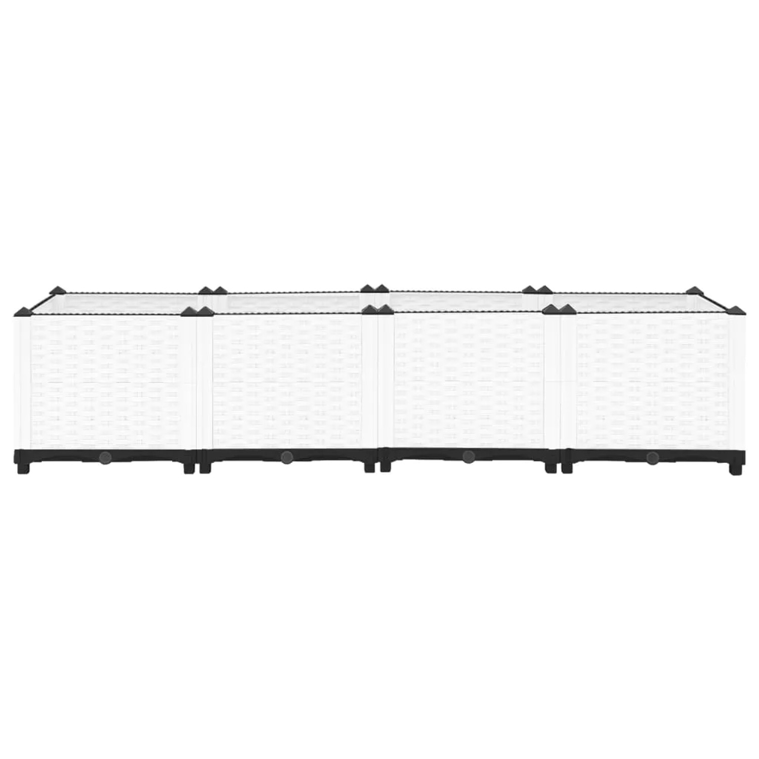 Weißes vidaXL Hochbeet (160x40x38 cm) aus Polypropylen mit Rattan-Optik.